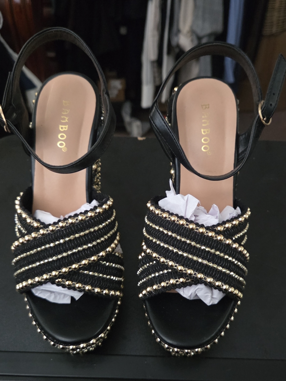 BAMBOO Black and Gold Beaded Crisscross Platform Sandals - Strappy Ankle Buckle